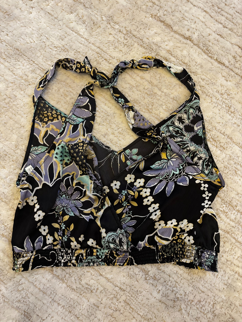 Free People Floral Halter Crop Top Black Purple Teal Yellow Size M